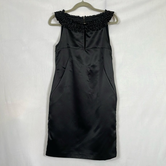 Ted Baker Dress Size 3 US8 Black Satin Cocktail Ruffle Neckline EUC - Picture 1 of 12